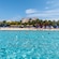 A populated beach with lush foliage, umbrellas and calm waters